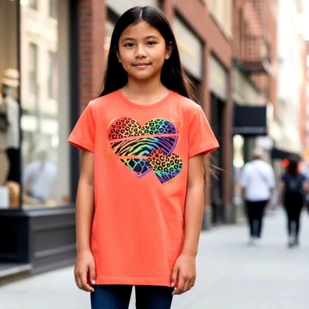 Vibrant The Children's Place Girls Coral Animal Print Heart T-Shirt - Size: S To